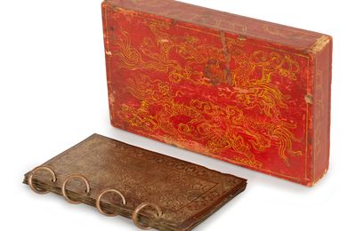 An imperial copper book and lacquered wood bookcase, Vietnam, 19th century, dated 1858