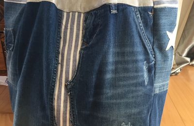 Sac cabas, jeans recyclé et lin, intérieur coton enduit, anses cuir naturel - modèle unique