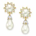 A pair of natural pearl and diamond ear pendants, by David Webb