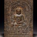 A very rare gilded and painted limestone Buddhist plaque, late Yuan-early Ming dynasty, late 14th century 