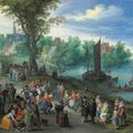 Jan Brueghel I, Figures dancing on the bank of a river with a fish-seller, with a portrait of the artist in the foreground