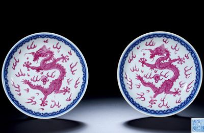 A Pair of Blue and White with Pink-Enameled ‘Dragon’ Dishes, Qianlong Marks and Period, 1736-1795