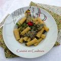 Rigatoni aux petits pois et artichauts poivrade, sauce carbonara à la sariette