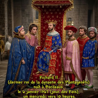 Richard II (dernier roi de la dynastie des Plantagenêts) naît à Bordeaux, le 6 janvier 1367 (jour des Rois), un mercredi, vers 10 heures.