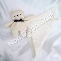 Doudou Peluche Ours Ecru Noeud Satin Bleu Marine Avec Son Mouchoir Sucre D'orge