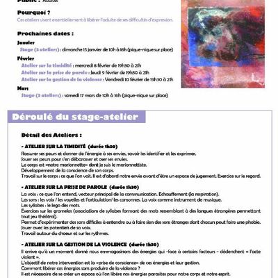 Atelier Théâtre et développement personnel - dimanche 15 janvier, mercredi 8, jeudi 9 et vendredi 10 février, samedi 17 mars