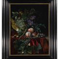 Willem van Aelst, Still life with grapes in a basket, peaches on a silver dish, medlars, two butterflies, a fly and a snail,...