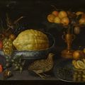 Peter Binoit, Still life of a citron, grapes, an apple and other fruits in a porcelain bowl with a sparrow, with plums and...