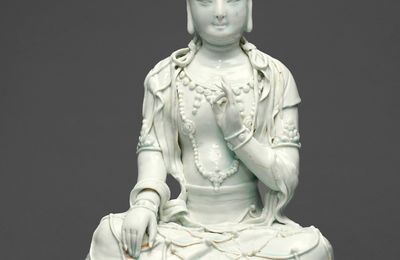 An exceedingly rare Qingbai seated figure of a bodhisattva, Yuan dynasty (1279-1368)