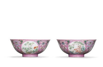 A fine pair of pink-ground famille rose ‘medallion’ bowls, Daoguang six-character seal marks and of the period (1821-1850)
