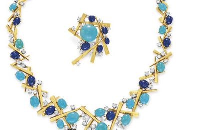  A suite of diamond, turquoise, lapis lazuli and gold jewelry, by Marianne Ostier