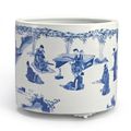 A large blue and white 'Seven Sages' brushpot, Qing dynasty, Kangxi period (1662-1722)