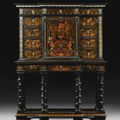 A pewter, brass, fruitwood and stained sycamore inlaid marquetry, ebony and ebonised cabinet on stand attributed to Pierre Gole 