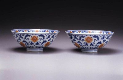 Pair of Underglaze Blue And Iron Red Bowls. China. Jiaqing Mark and period (1796-1820)