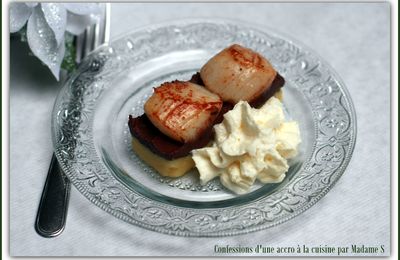 St Jacques au boudin noir et compote coings curry, crème camembert-citronnelle