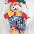 Doudou Peluche Lutin Clown Chiffon Vichy Bleu Noeud Jaune Hochet Horloge Corolle 1998