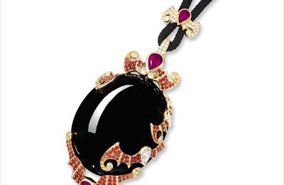 Black jadeite, orange sapphire and ruby pendent necklace, by Alessio Boschi