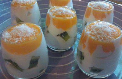 Verrines kiwi crème mascarpone coco et coulis de mangue