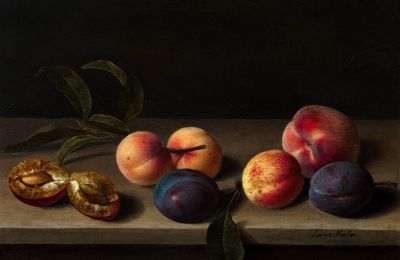 Louyse Moillon (1610-1696), Nature morte aux fruits, pêches, abricots et prunes dont une ouverte, posés sur une table de bois