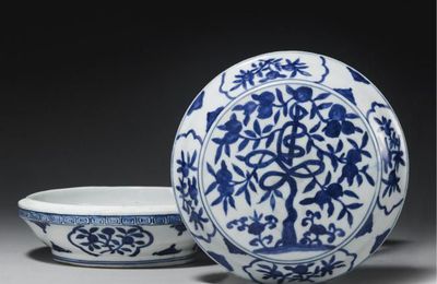 A blue and white circular box and cover. Jiajing mark and period