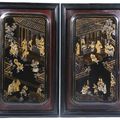 Paire de panneaux en bois laqué noir, Chine, travail de Canton, XIXe siècle 