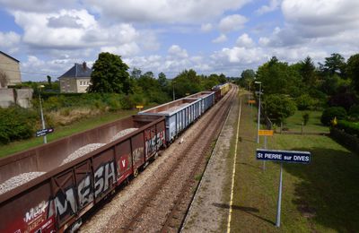 Passage d'un train de l'infra à Saint Pierre sur Dives en direction de Caen le 4 août 2023
