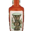 A unique coral-ground famille verte rouleau vase, Kangxi period (1662-1722)