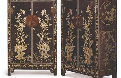 A pair of rare large mother-of-pearl-inlaid lacquer cabinets, Ming dynasty, 16th century