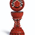 A carved polychrome lacquer Buddhist altar ornament, Qing dynasty, 18th century