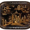 A parcel-gilt decorated japanned tole tray early 19th century, on later stand