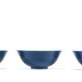 Three blue-glazed bowls, Tongzhi six-character marks and of the period (1862-1874)
