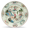 A large Famille Rose dish, 18th century, the porcelain 15th century