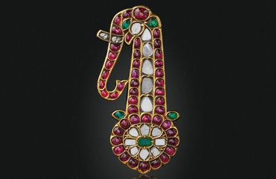 An antique ruby, emerald and diamond jigha, 19th century