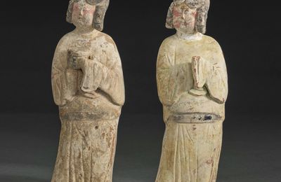 A pair of painted pottery ladies, Tang dynasty (618-907)