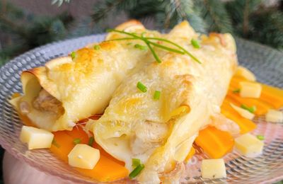 ...Cannelloni rapide et facile au poulet, aux graines de tournesols et cumin, Raclette de Savoie IGP et carottes au bouillon ...