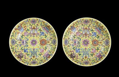 A pair of famille rose yellow-ground 'bajixiang' dishes, Jiaqing seal marks and of the period