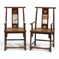 A very rare pair of Dali-marble-inset huanghuali armchairs, guanmaoyi, Qing dynasty, 17th-18th century