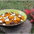 Salade tiède de lentilles, courge butternut et oignons rouges grillés