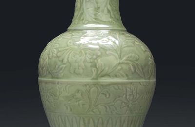 A large Longquan celadon carved baluster vase, China, Yuan dynasty (1279-1368)