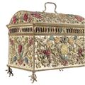 A Dutch embroidered, raised work and applique metal thread floral coffer, together with other accessories, first half 17th centu