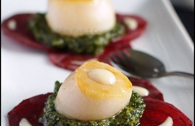 Noix de Saint Jacques snackée à la crème de cajou, légume croquant au pesto de coriandre ... délicieux petits restes