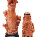 TWO CHINESE CORAL SNUFF BOTTLES AND STOPPERS, LATE 19TH EARLY 20TH CENTURY, 