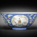 A famille rose blue-ground medallion bowl, Daoguang seal mark and of the period