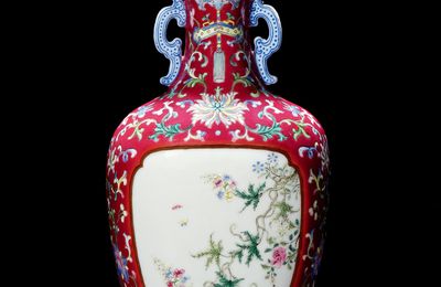 A Ruby-Ground Famille-Rose ‘Floral’ Wall Vase, Seal Mark and Period of Qianlong