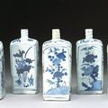 A group of five blue and white porcelain square bottles. Late Ming