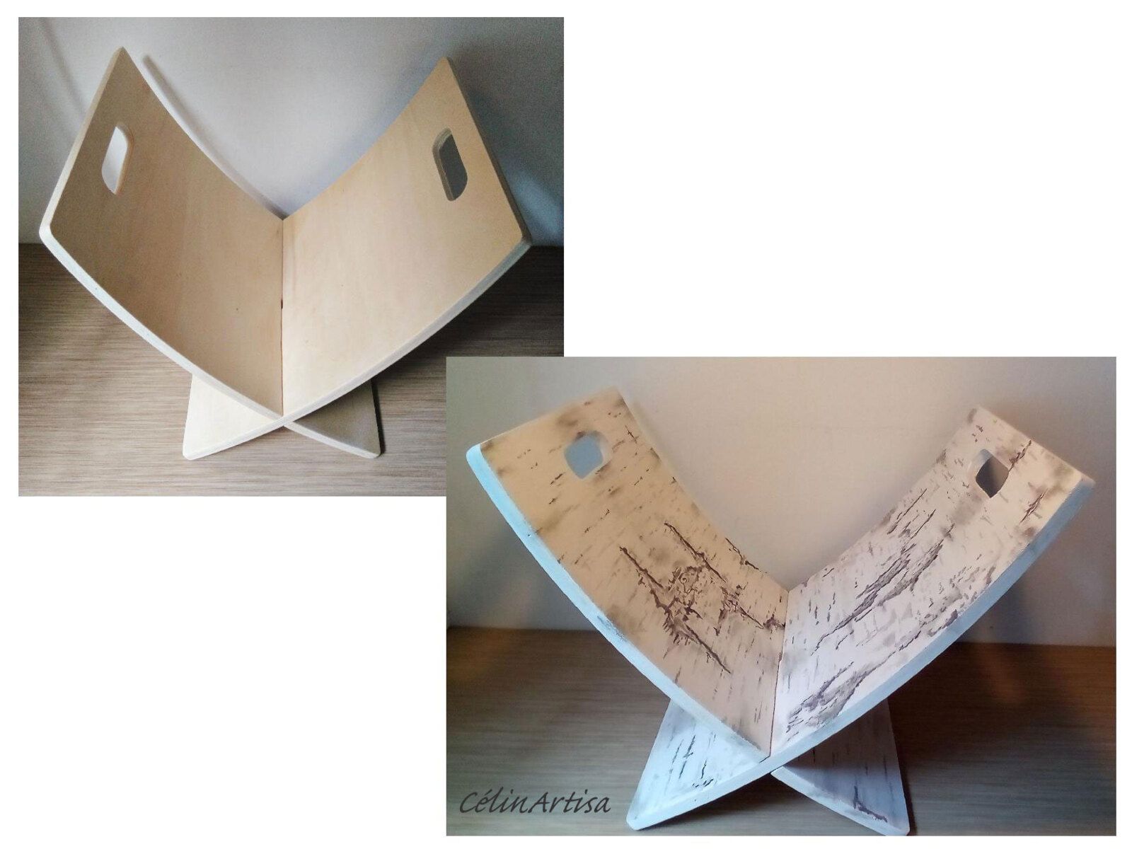 porte-revue bois incurvé motif écorce de bouleau en trompe-l'oeil