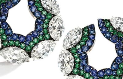 Pair of 18 Karat Gold, Silver, Diamond, Sapphire and Emerald Earclips, JAR, Paris, 1998