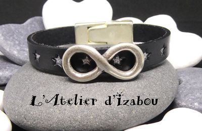 Bracelet mixte homme-femme en cuir noir étoile argenté et passant infini 