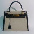 HERMES Paris made in france Sac "Kelly" 28cm en toile chinée écrue et box noir