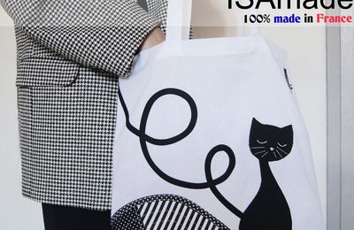 Tote bag chat noir blanc fantaisie ISAmade fabriqué en France